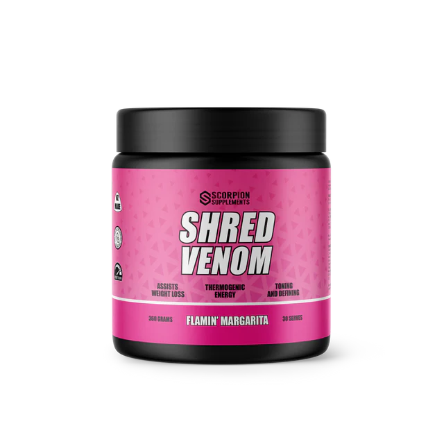 Pink supplement container labeled 'Shred Venom' on a white background