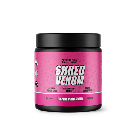 Pink supplement container labeled 'Shred Venom' on a white background