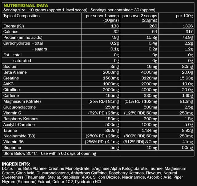 Nutritional data and ingredient list for a supplement on a black background