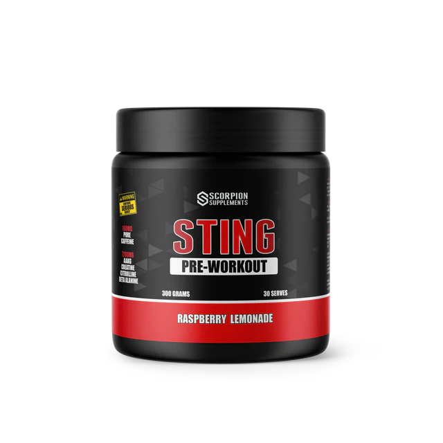 Scorpion Supplements Sting Pre-Workout container with black and red design on a white background