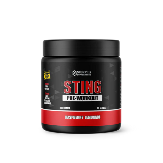 Scorpion Supplements Sting Pre-Workout container with black and red design on a white background