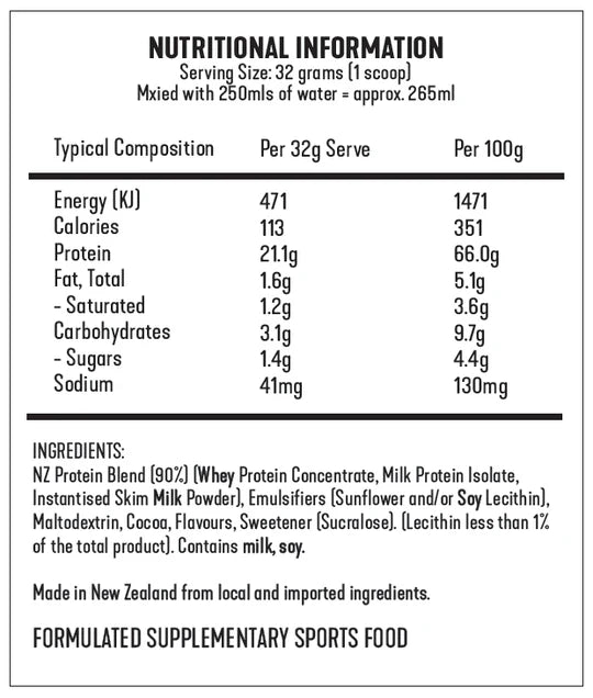 Nutritional information and ingredient list for a protein supplement on a white background