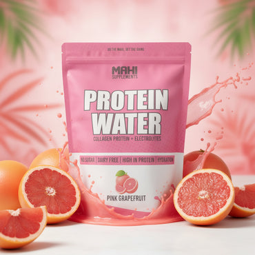 Pink and white protein water package with MAHI branding on a shelf.