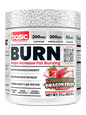 Supplement container labeled 'BURN' with strawberry and dragon fruit flavor on a white background