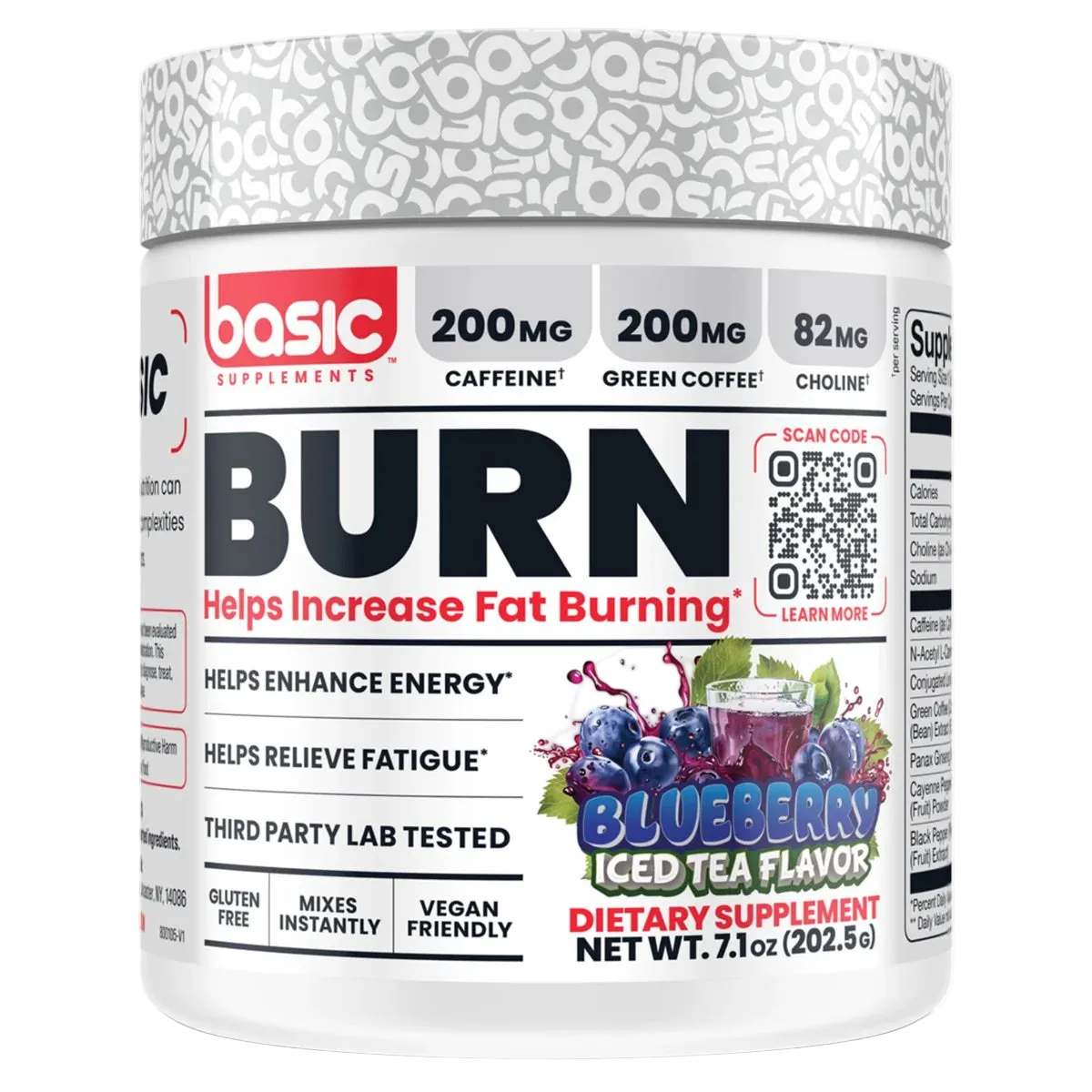 A white plastic tub of basic Supplements 'Burn' dietary supplement in Blueberry Iced Tea Flavor. The label features a white background with a gray patterned lid, bold black text, and red accents, with a blueberry and purple iced tea splash graphic at the bottom.