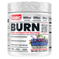 A white plastic tub of basic Supplements 'Burn' dietary supplement in Blueberry Iced Tea Flavor. The label features a white background with a gray patterned lid, bold black text, and red accents, with a blueberry and purple iced tea splash graphic at the bottom.