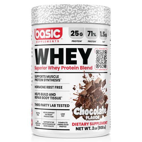 A tub of Basic Supplements Whey Protein Blend in Chocolate Flavour, 2LB container with a white label and patterned lid, on a white background.