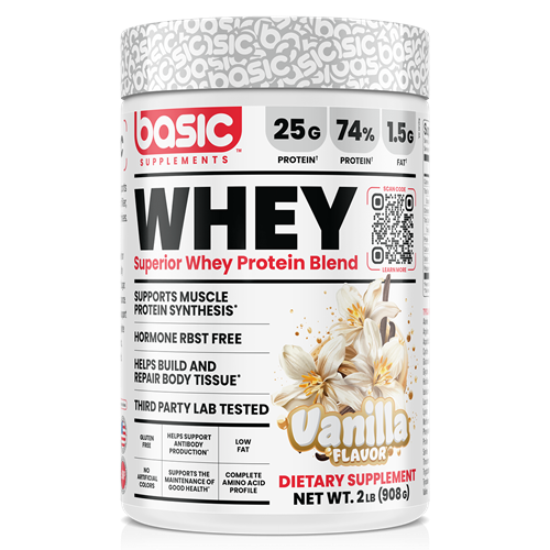 A 2 lb tub of Basic Supplements Whey Protein Blend in Vanilla Flavor, featuring a white container with red and black text and vanilla flower graphics.