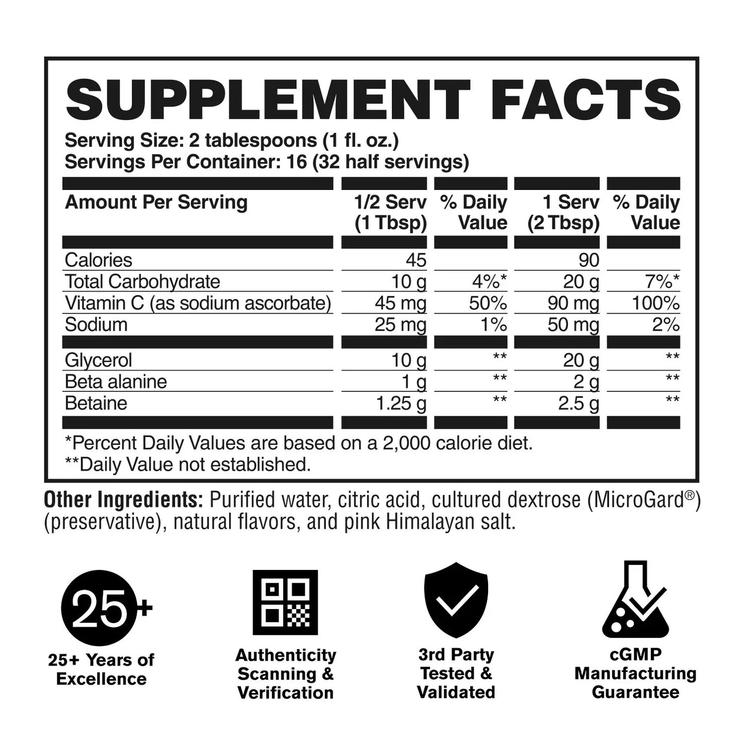 Supplement facts label with nutritional information and product guarantees on a white background