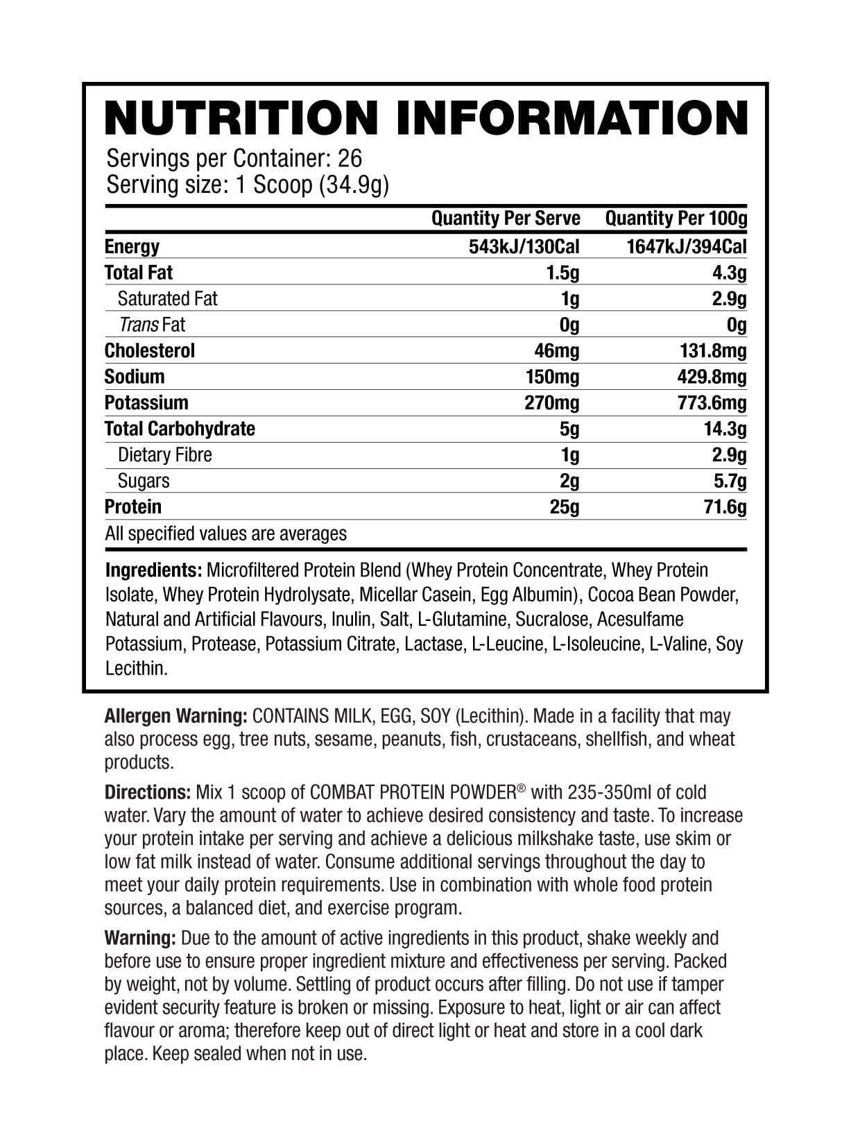 Nutrition information label for a protein powder scoop