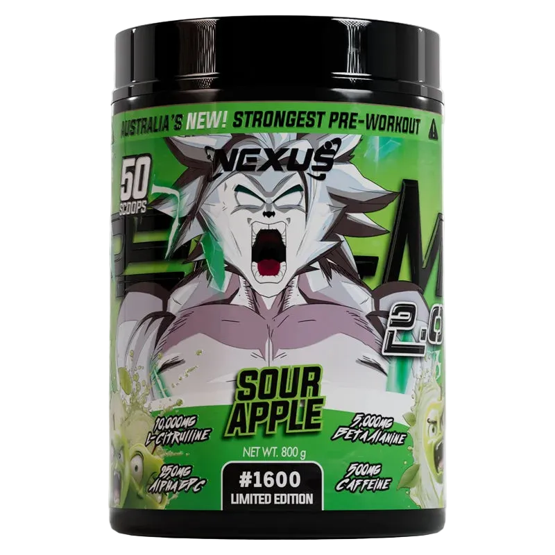 Pre-workout supplement container with a graphic of a character on a green and black background