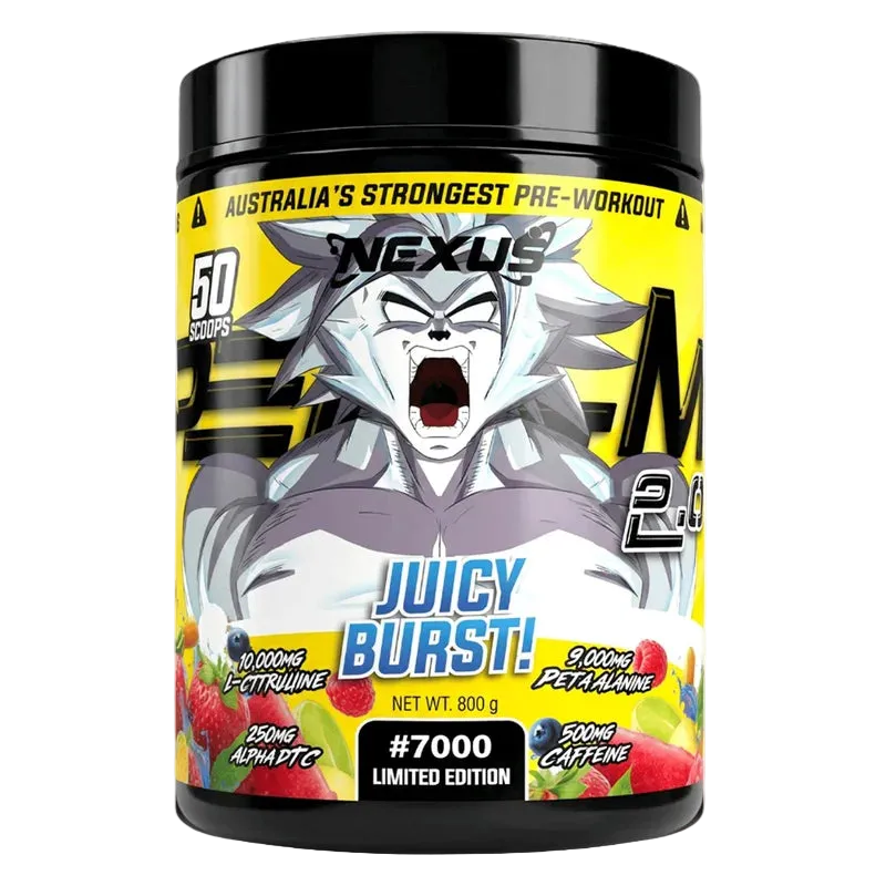 Pre-workout supplement container with colorful label featuring a character and text.