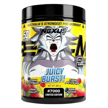 Pre-workout supplement container with colorful label featuring a character and text.