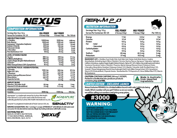 Nutritional label for Nexus PER4M 2.0 supplement with branding and warning text.