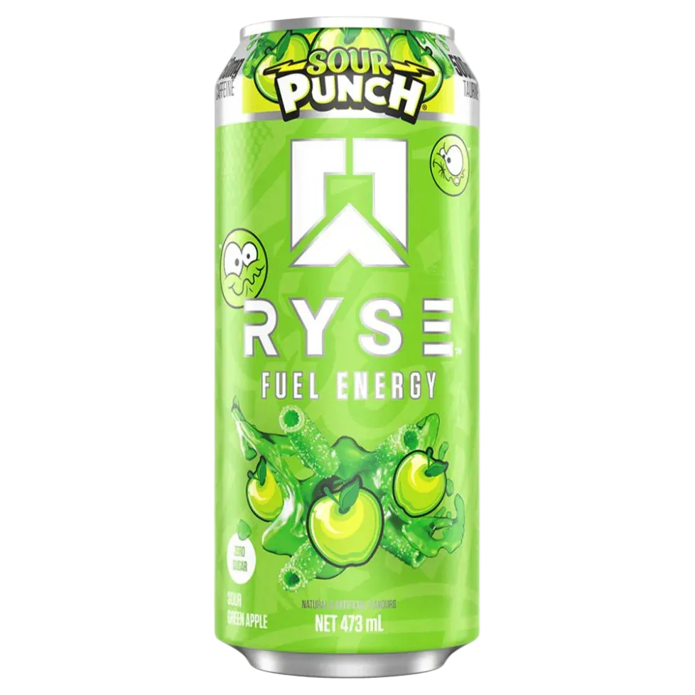 Green energy drink can with 'Sour Punch Ryse' branding on a white background