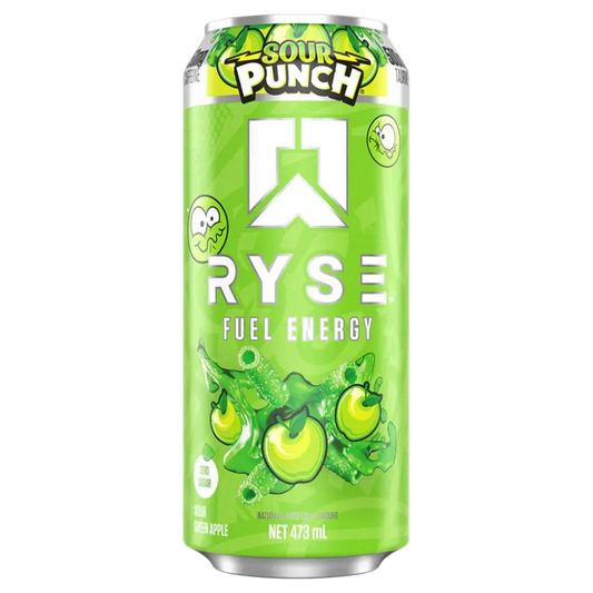 Green energy drink can with 'Sour Punch Ryse' branding on a white background