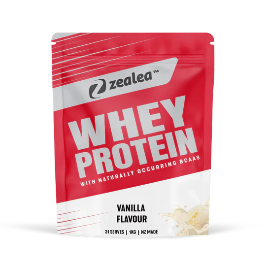 Zealea whey protein package with red and white design on a white background