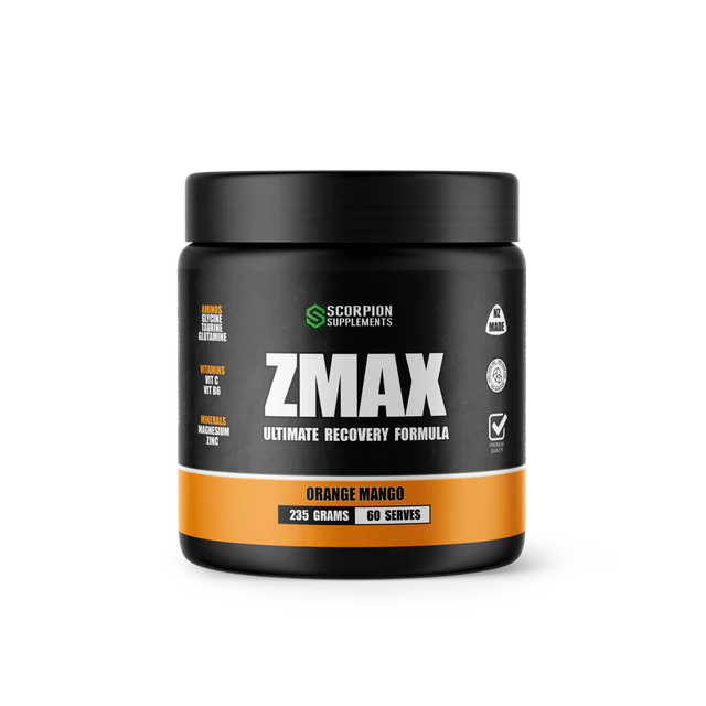 Black supplement container labeled 'ZMAX' with orange label on a white background