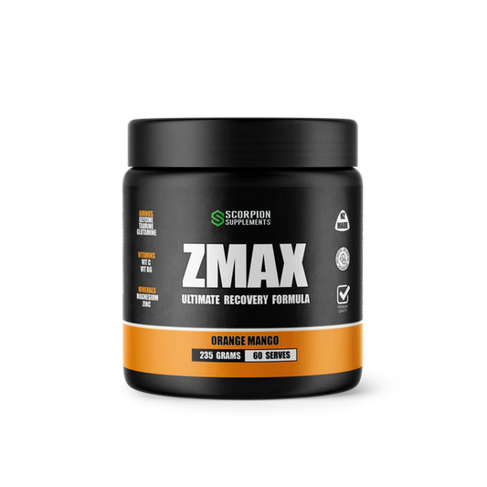 Black supplement container labeled 'ZMAX' with orange label on a white background